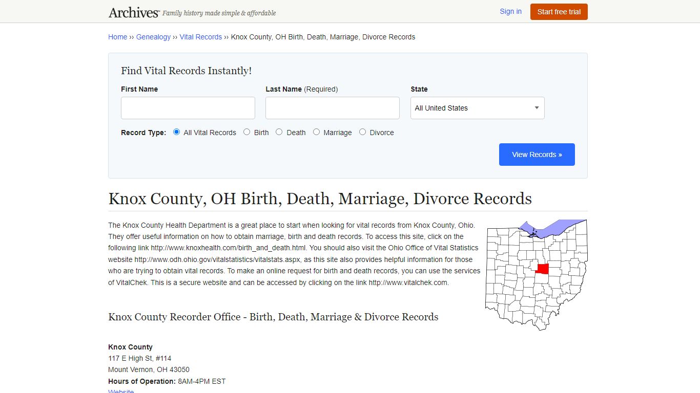 Knox County, OH Birth, Death, Marriage, Divorce Records - Archives.com